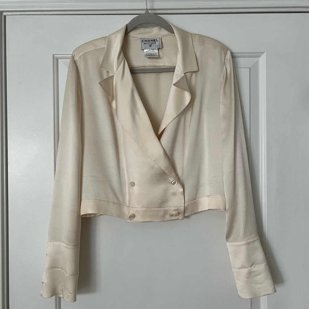 Vintage Chanel Fall 1998 Cropped Silk Tuxedo Top